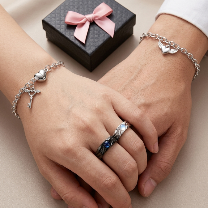 4Pcs Couple Jewelry Set 2Pcs Magnetic Heart Bracelets And 2Pcs Matching Promise Rings Alloy Couple Accessories With Gift Box For Valentines Day Anniversary And Couple Matching