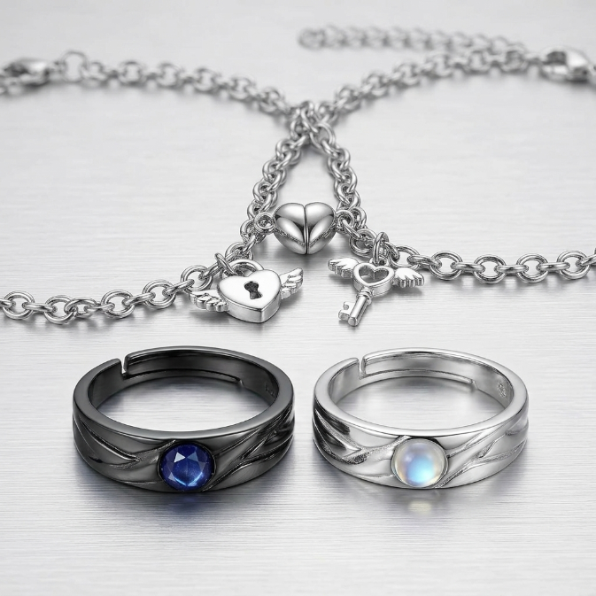 4Pcs Couple Jewelry Set 2Pcs Magnetic Heart Bracelets And 2Pcs Matching Promise Rings Alloy Couple Accessories With Gift Box For Valentines Day Anniversary And Couple Matching