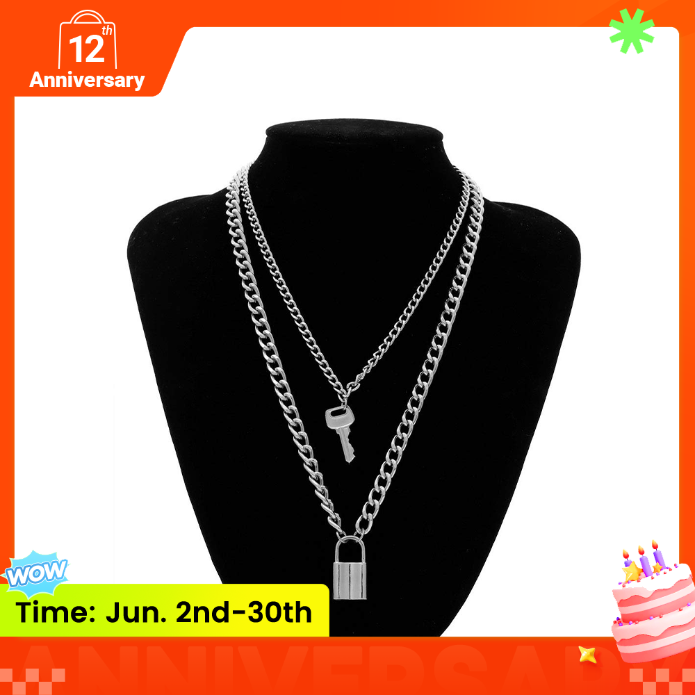 Lock Key Pendant Necklace Statement Long Chain Punk Multilayer Choker Necklace for Women Men