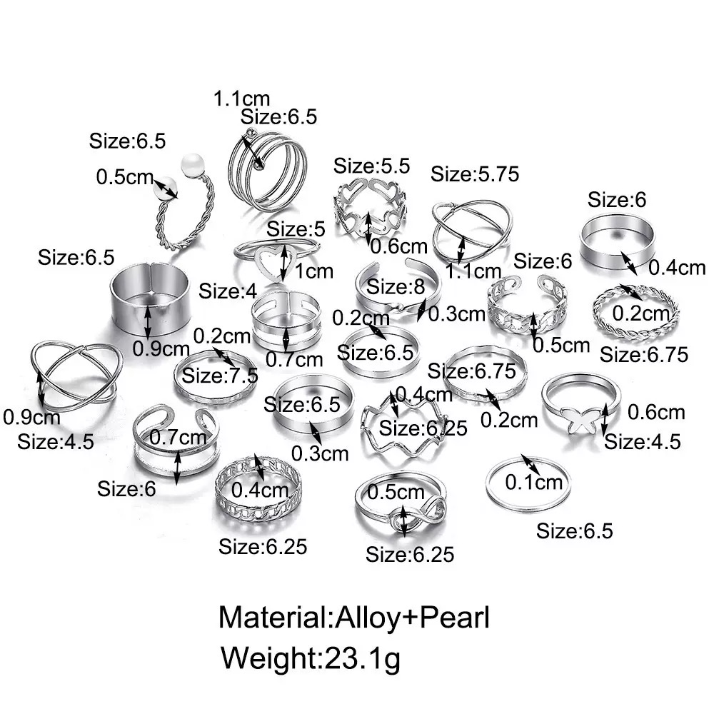 22PCS Women's Butterfly Rings Opening Multioint Rings Set Love Rings Female High Quality Accessories Women's Jewelry Set Used For Shooting Props Or Daily Wear