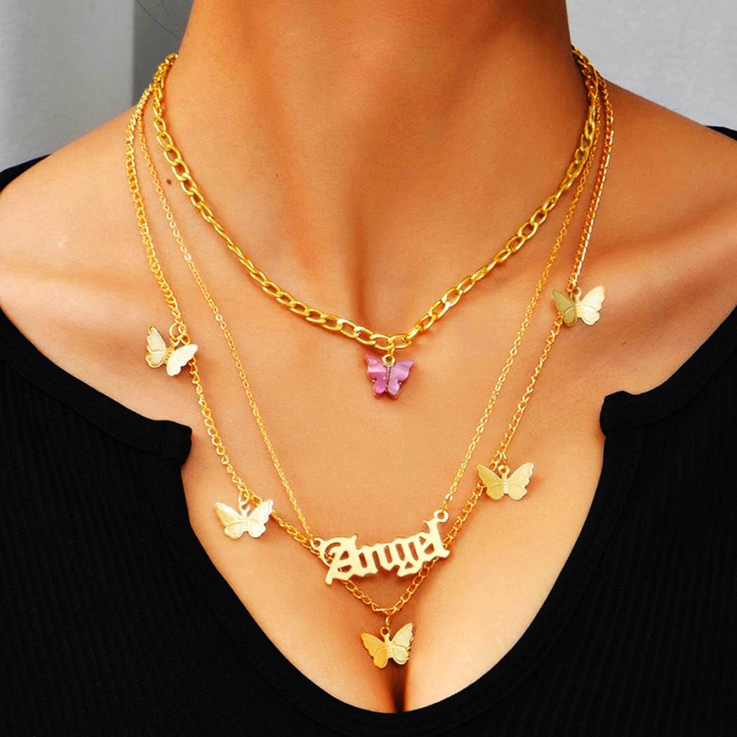 Lady's Layered Butterfly Choker Necklace 18K Gold Plated Brat Pendant Delicate Stacked Chain Hypoallergenic Jewelry For Daily Wear Party Vacation Dating And Special Occasions