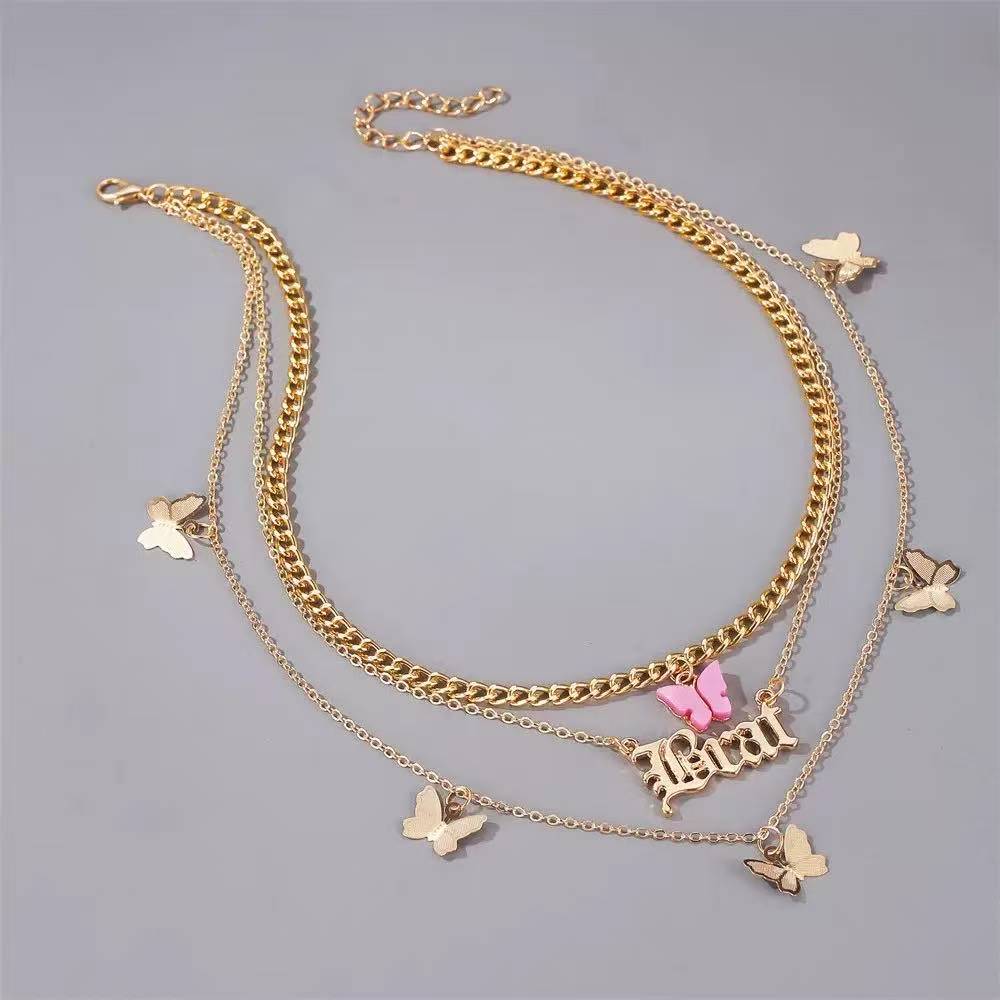 Lady's Layered Butterfly Choker Necklace 18K Gold Plated Brat Pendant Delicate Stacked Chain Hypoallergenic Jewelry For Daily Wear Party Vacation Dating And Special Occasions