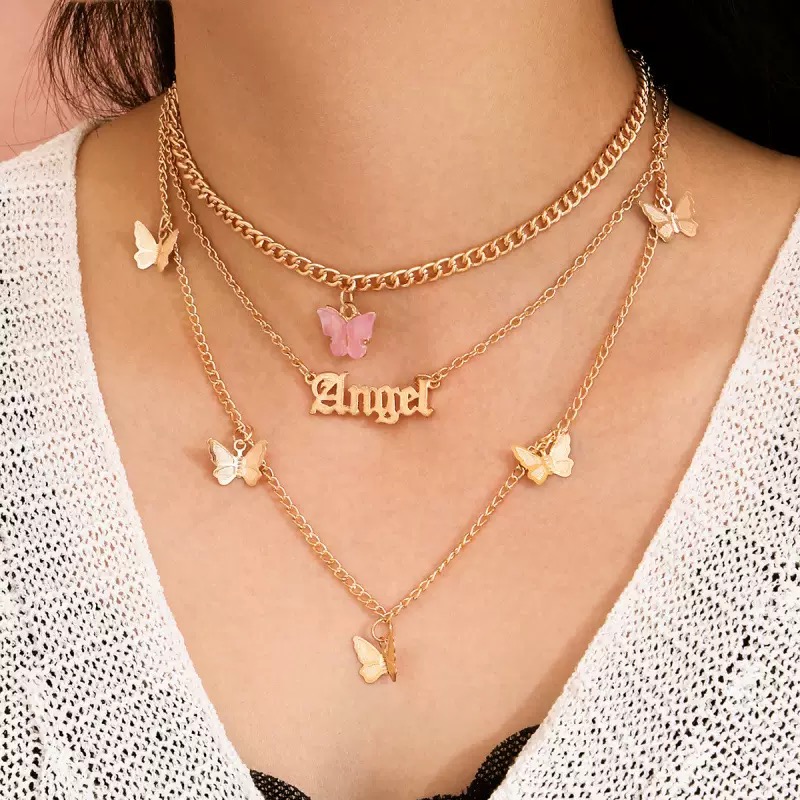Lady's Layered Butterfly Choker Necklace 18K Gold Plated Brat Pendant Delicate Stacked Chain Hypoallergenic Jewelry For Daily Wear Party Vacation Dating And Special Occasions