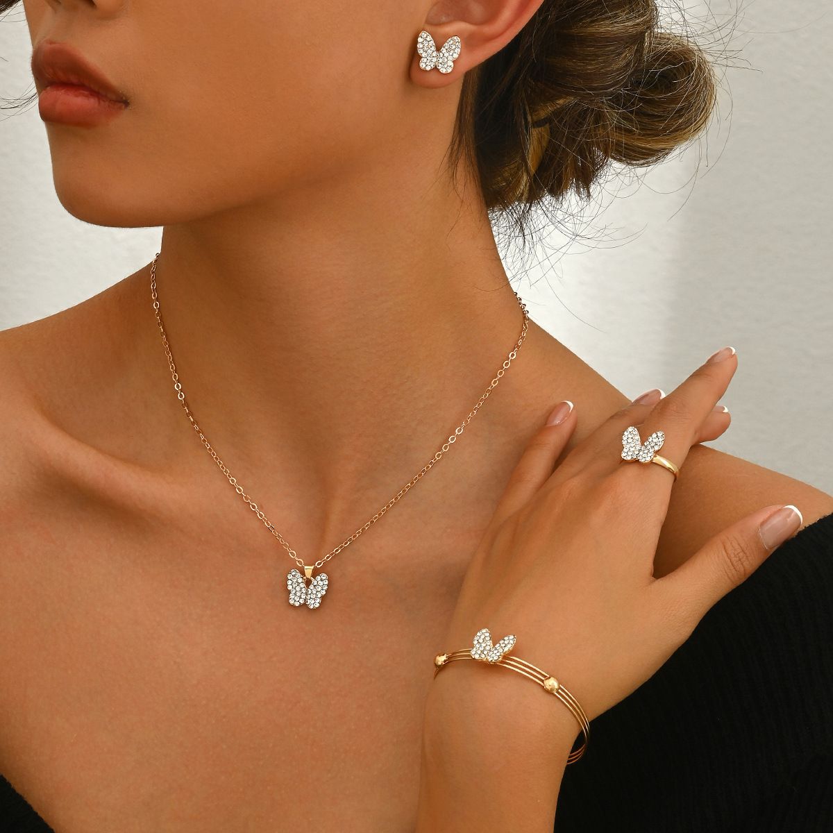5Pcs Full Rhinestone Butterfly Jewelry Set Non Fade Gold Plated Adjustable Size Necklace Bracelet Ring Earrings Kit Daily Party Wedding Bridal Gift Accessories For Travel Holiday Outfit Matching