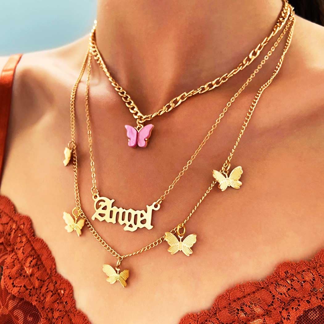 Lady's Layered Butterfly Choker Necklace 18K Gold Plated Brat Pendant Delicate Stacked Chain Hypoallergenic Jewelry For Daily Wear Party Vacation Dating And Special Occasions