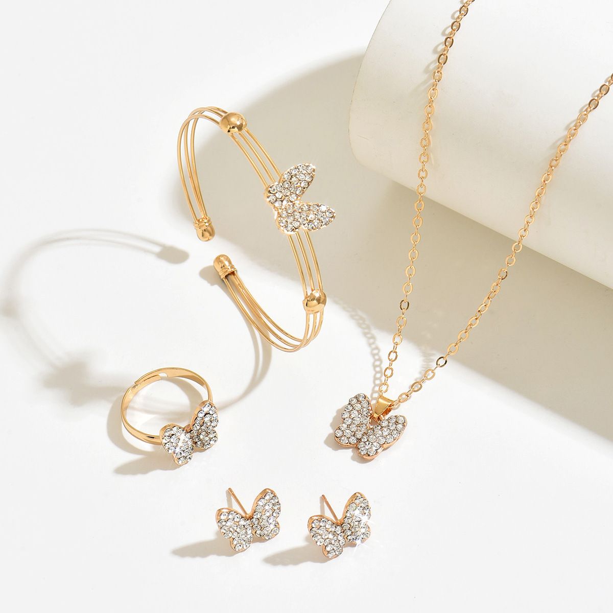 5Pcs Full Rhinestone Butterfly Jewelry Set Non Fade Gold Plated Adjustable Size Necklace Bracelet Ring Earrings Kit Daily Party Wedding Bridal Gift Accessories For Travel Holiday Outfit Matching