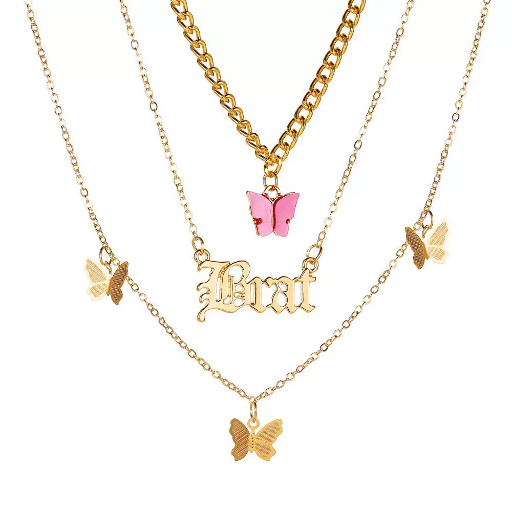 Lady's Layered Butterfly Choker Necklace 18K Gold Plated Brat Pendant Delicate Stacked Chain Hypoallergenic Jewelry For Daily Wear Party Vacation Dating And Special Occasions