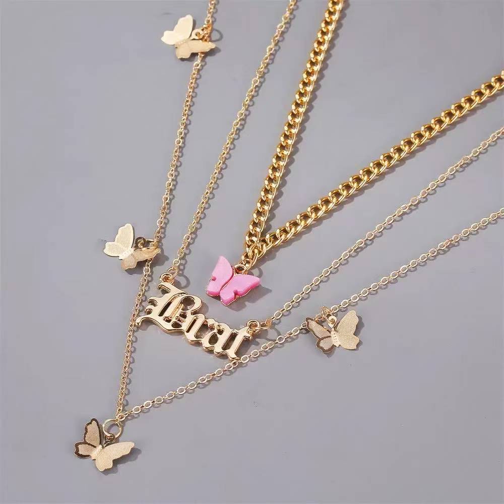 Lady's Layered Butterfly Choker Necklace 18K Gold Plated Brat Pendant Delicate Stacked Chain Hypoallergenic Jewelry For Daily Wear Party Vacation Dating And Special Occasions