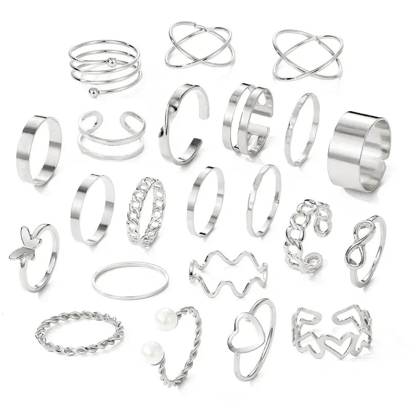 22PCS Women's Butterfly Rings Opening Multioint Rings Set Love Rings Female High Quality Accessories Women's Jewelry Set Used For Shooting Props Or Daily Wear