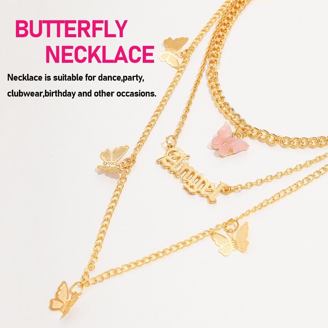 Lady's Layered Butterfly Choker Necklace 18K Gold Plated Brat Pendant Delicate Stacked Chain Hypoallergenic Jewelry For Daily Wear Party Vacation Dating And Special Occasions