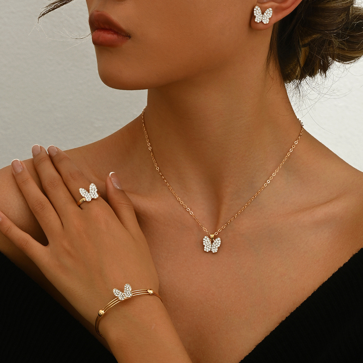5Pcs Full Rhinestone Butterfly Jewelry Set Non Fade Gold Plated Adjustable Size Necklace Bracelet Ring Earrings Kit Daily Party Wedding Bridal Gift Accessories For Travel Holiday Outfit Matching