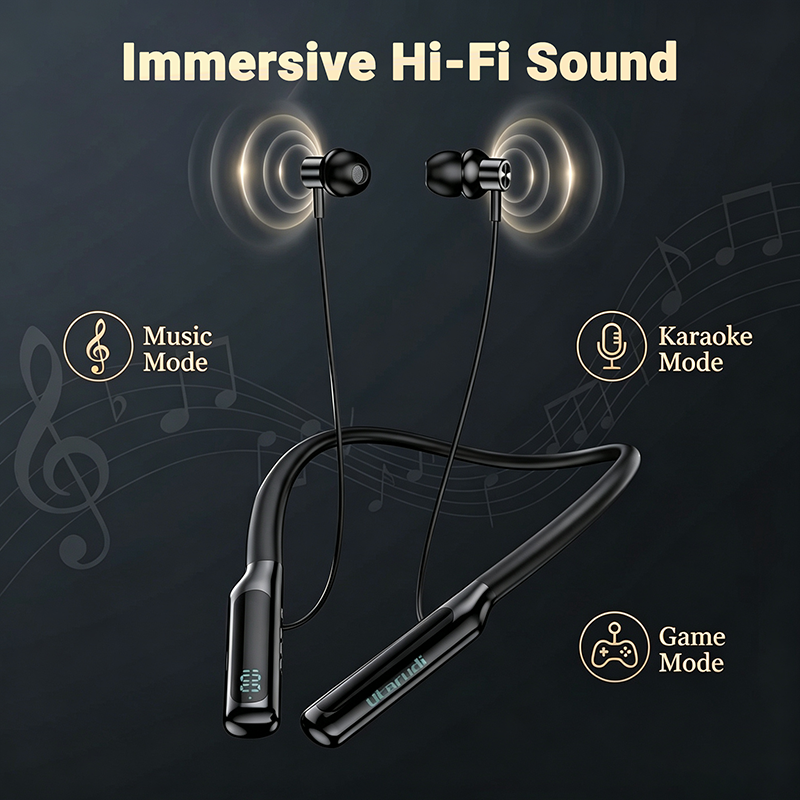 Utarudi 80H Long Battery Magnetic Auto On/Off Neckband Bluetooth Headphones Wireless Earbuds LED Power Display Skin Soft Neckband Headset Hi-Fi Stereo In Ear Earphones for Sports Calls Earphone