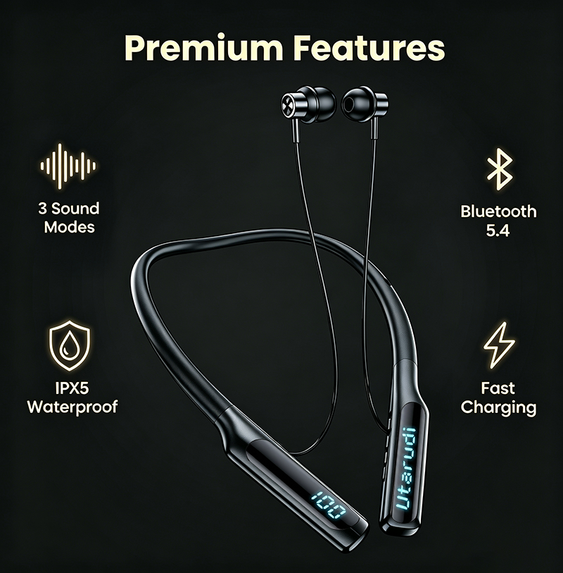 Utarudi 80H Long Battery Magnetic Auto On/Off Neckband Bluetooth Headphones Wireless Earbuds LED Power Display Skin Soft Neckband Headset Hi-Fi Stereo In Ear Earphones for Sports Calls Earphone