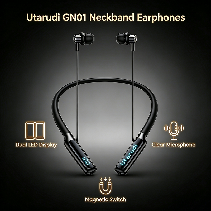 Utarudi 80H Long Battery Magnetic Auto On/Off Neckband Bluetooth Headphones Wireless Earbuds LED Power Display Skin Soft Neckband Headset Hi-Fi Stereo In Ear Earphones for Sports Calls Earphone