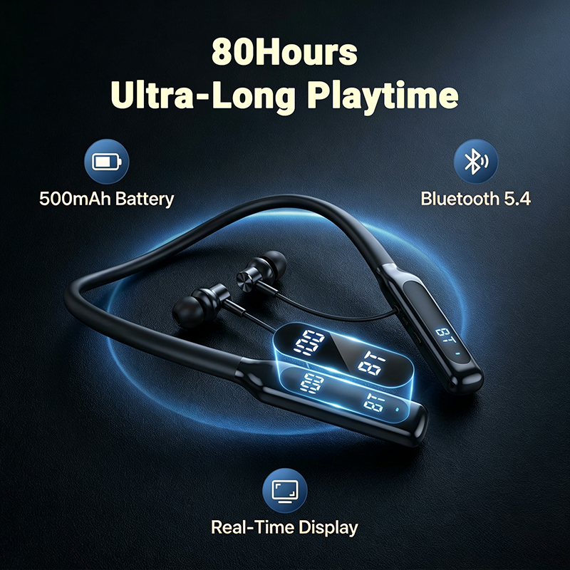Utarudi 80H Long Battery Magnetic Auto On/Off Neckband Bluetooth Headphones Wireless Earbuds LED Power Display Skin Soft Neckband Headset Hi-Fi Stereo In Ear Earphones for Sports Calls Earphone