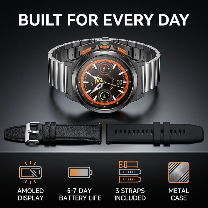 Utarudi GS90 Outdoor Smartwatch | Bluetooth Calls, 3 Replaceable Straps, Heart Rate and Blood Oxygen Monitoring, IP67 Waterproof Fitness Smartwatch