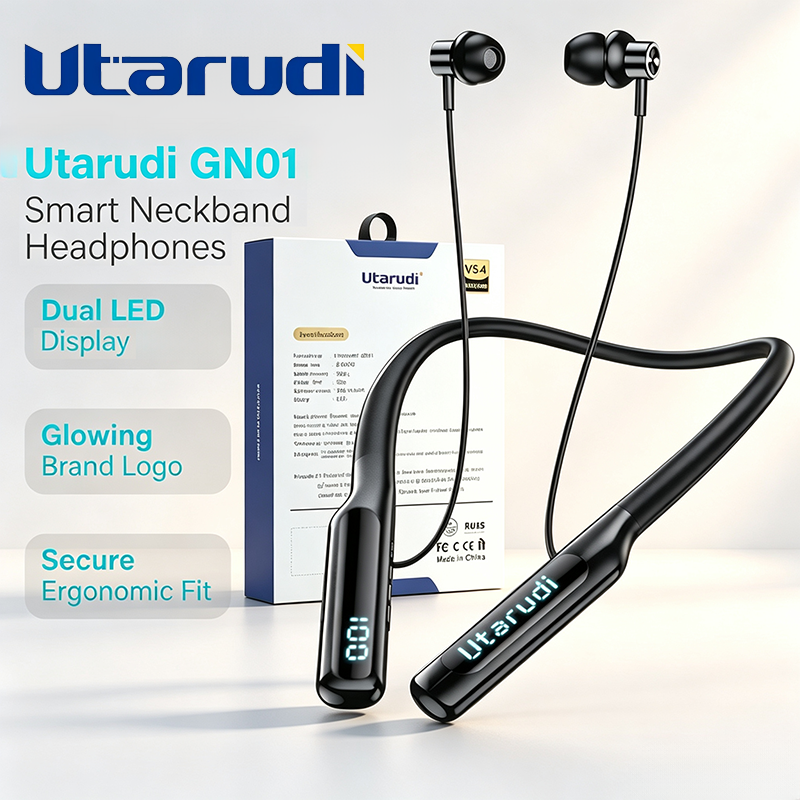 Utarudi GN01 80H Long Battery Magnetic Auto On/Off Neckband Bluetooth Headphones Wireless Earbuds LED Power Display Skin Soft Neckband Headset Hi-Fi Stereo In Ear Earphones for Sports Calls Earphone