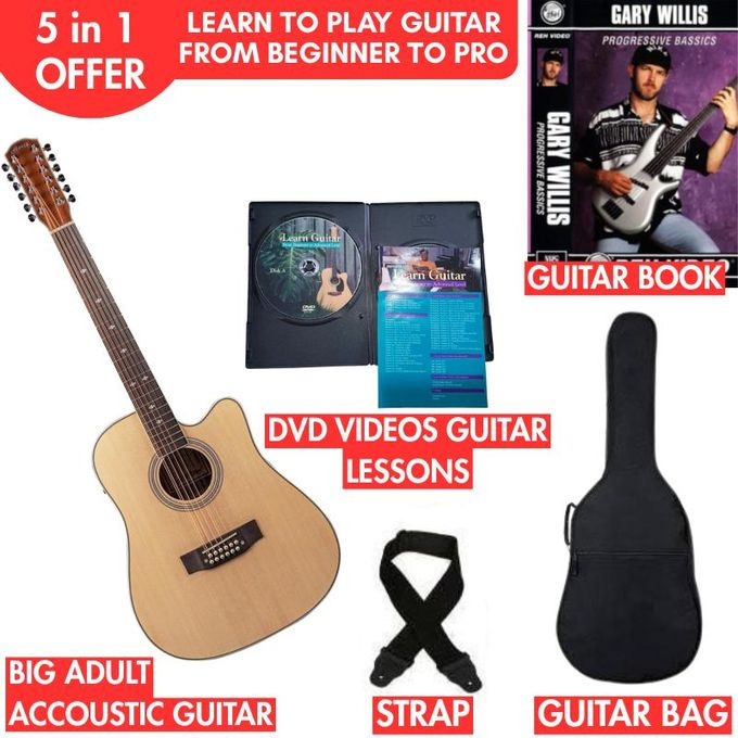 5 in 1 Guitar Learning Kit – Acoustic Guitar, DVD Lessons, Book, Strap & Bag for Beginners to Pro