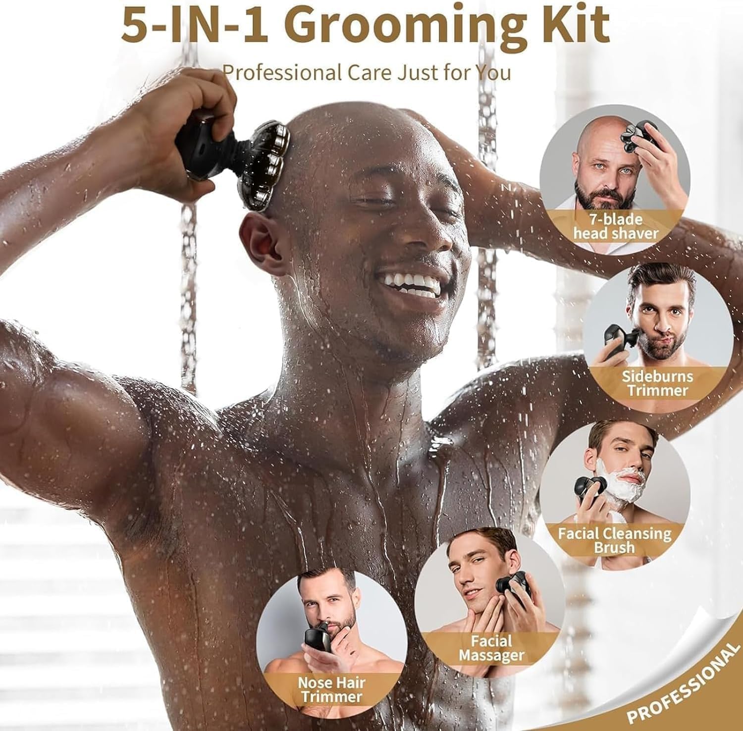 Detachable Head Shavers, 5 in 1 Electric Razor IPX7 Waterproof for Bald Men, Wet Dry LED Display Rechargeable 7D Rotary Shaver Grooming Kit with Type C Charge A