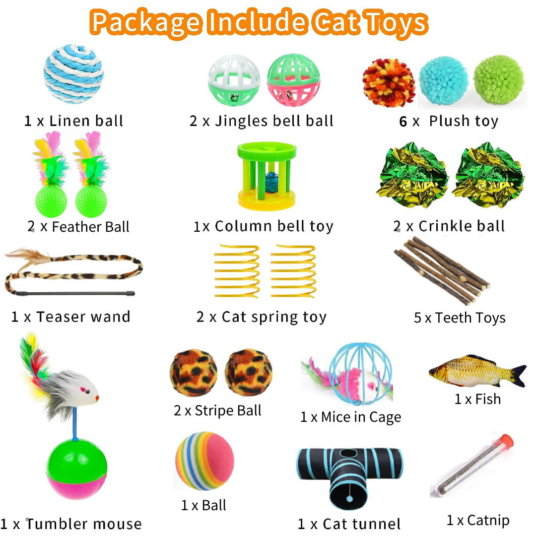 30 Pcs Cat Toys for Indoor Cats Collapsible Cat Tunnel Interactive Feather Teaser Wand Ball Toy for Kitten Cats