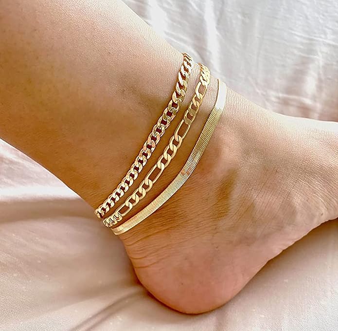 Gold Ankle Bracelets for Women, 14K Gold Anklets for Women Waterproof Cuban Link Anklets Set Layered Anklet Bracelets for Women Anklet for Women Gold Jewelry Gift