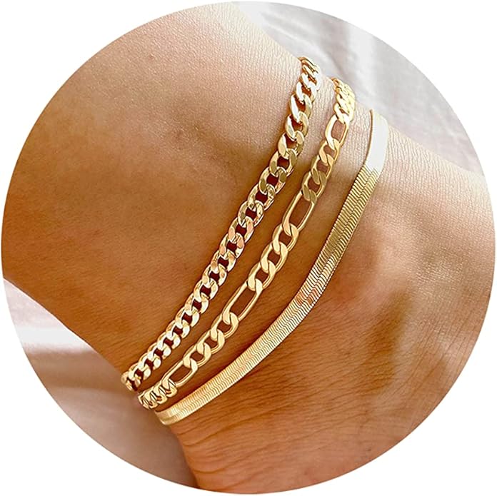 Gold Ankle Bracelets for Women, 14K Gold Anklets for Women Waterproof Cuban Link Anklets Set Layered Anklet Bracelets for Women Anklet for Women Gold Jewelry Gift
