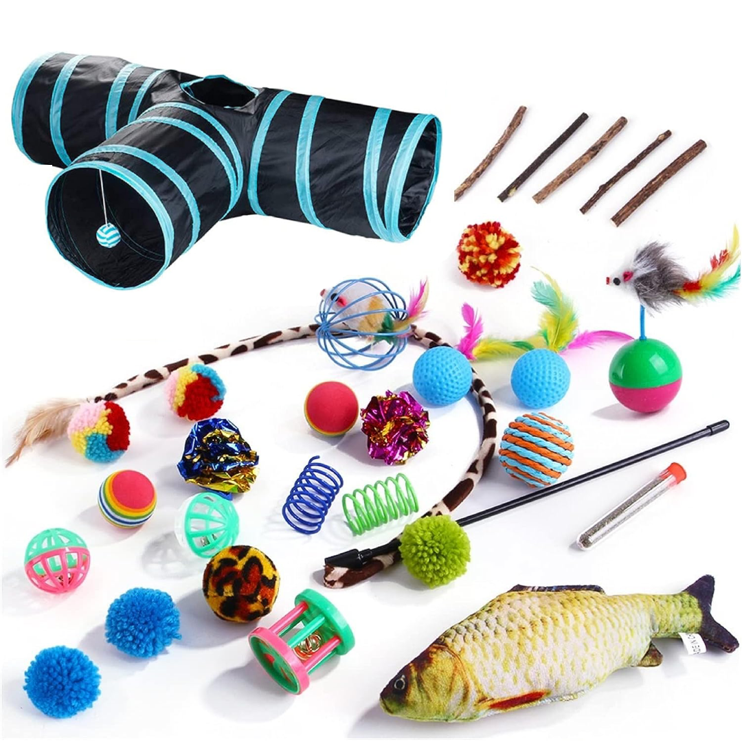 30 Pcs Cat Toys for Indoor Cats Collapsible Cat Tunnel Interactive Feather Teaser Wand Ball Toy for Kitten Cats