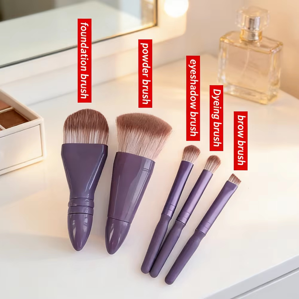Hot Selling 5-in-1 Mini Makeup Brush Set with Mirror Travel Size Eyeshadow Powder Foundation Brush Beauty Tool