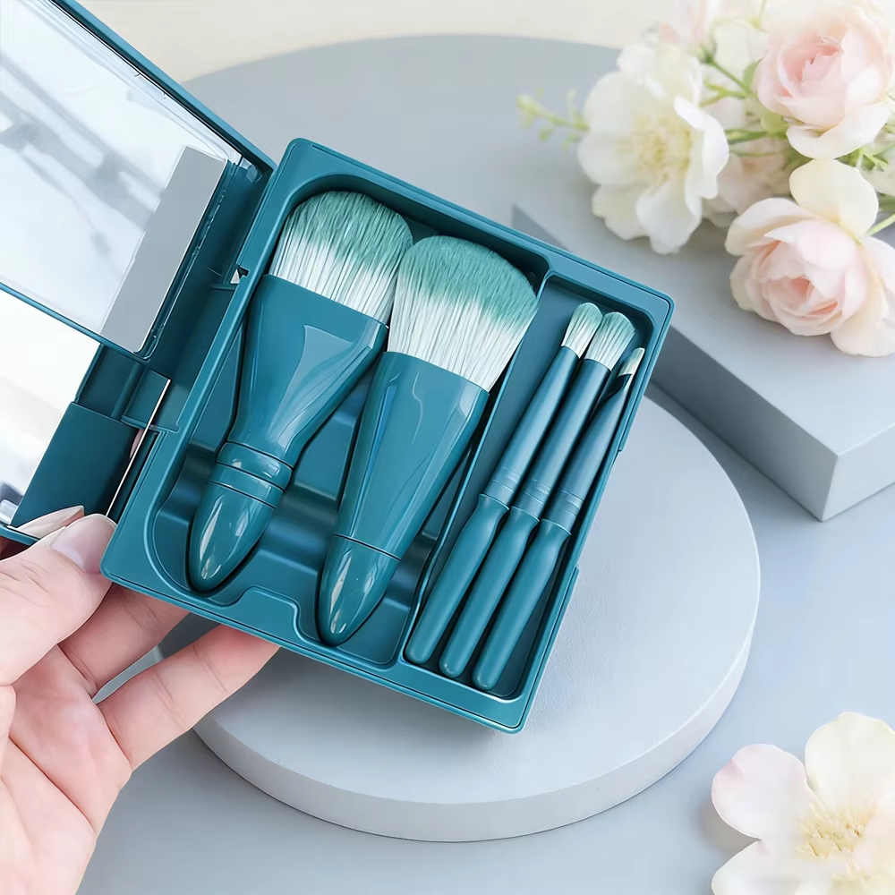 Hot Selling 5-in-1 Mini Makeup Brush Set with Mirror Travel Size Eyeshadow Powder Foundation Brush Beauty Tool