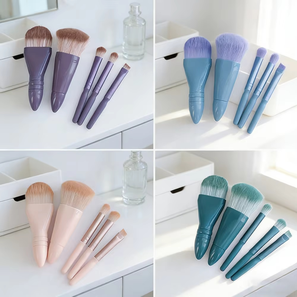 Hot Selling 5-in-1 Mini Makeup Brush Set with Mirror Travel Size Eyeshadow Powder Foundation Brush Beauty Tool