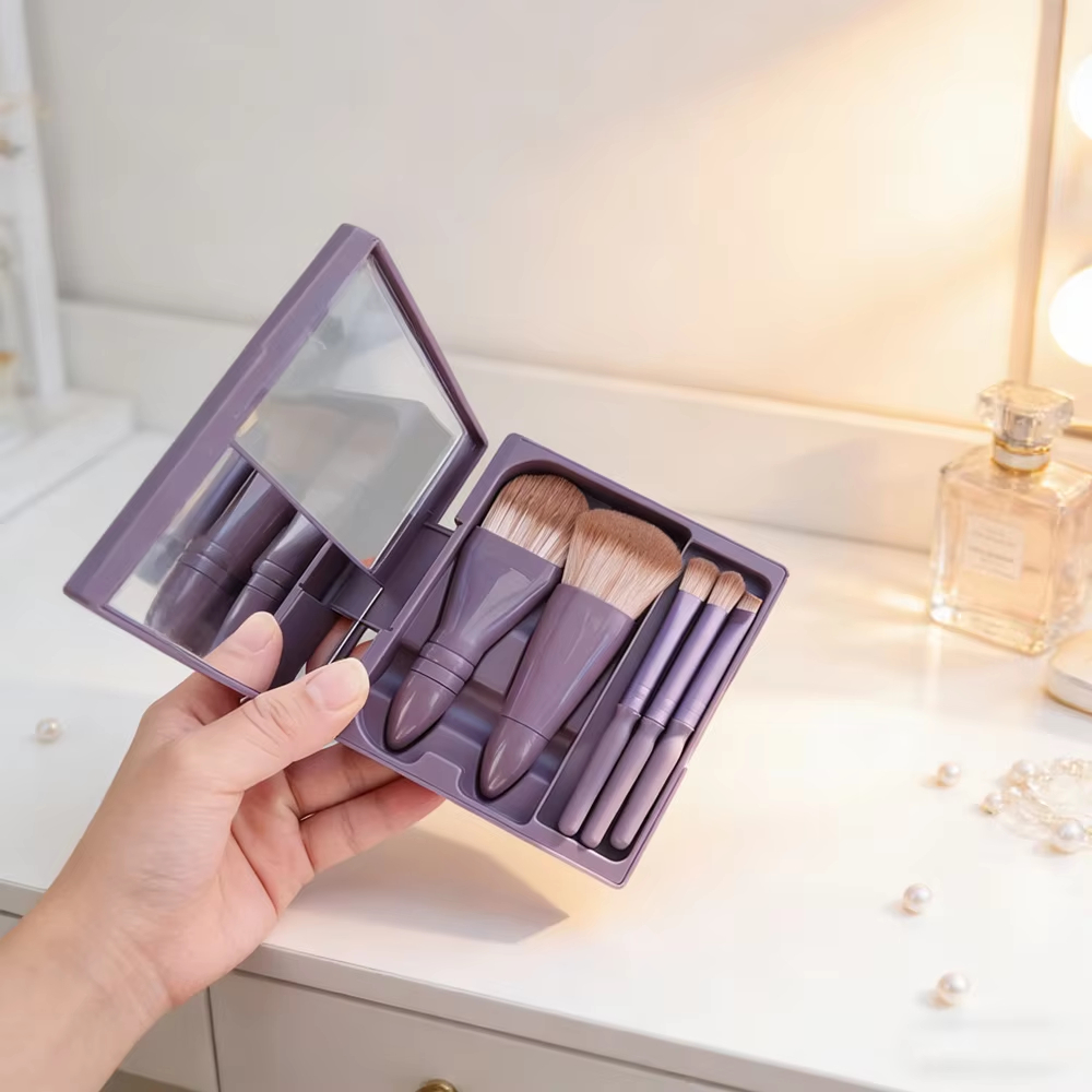 Hot Selling 5-in-1 Mini Makeup Brush Set with Mirror Travel Size Eyeshadow Powder Foundation Brush Beauty Tool