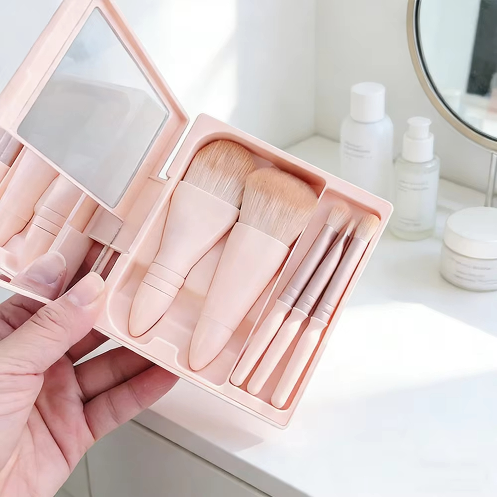 Hot Selling 5-in-1 Mini Makeup Brush Set with Mirror Travel Size Eyeshadow Powder Foundation Brush Beauty Tool