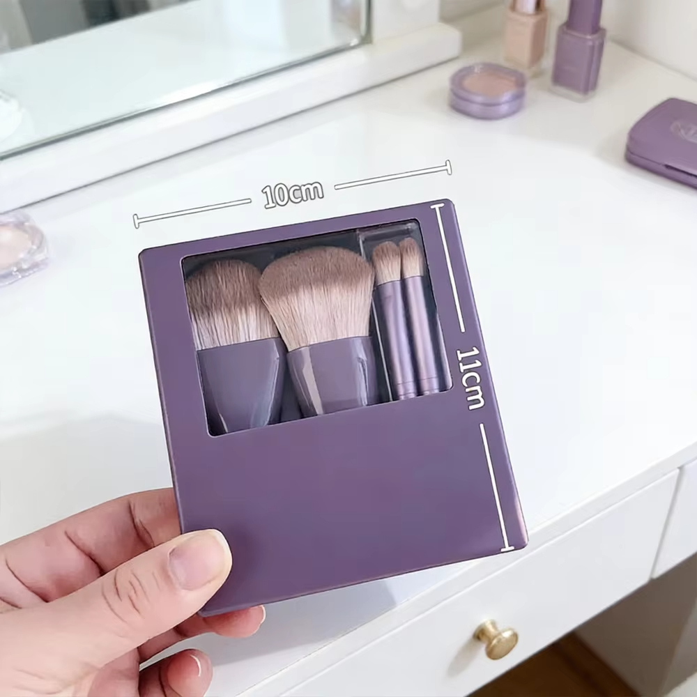 Hot Selling 5-in-1 Mini Makeup Brush Set with Mirror Travel Size Eyeshadow Powder Foundation Brush Beauty Tool