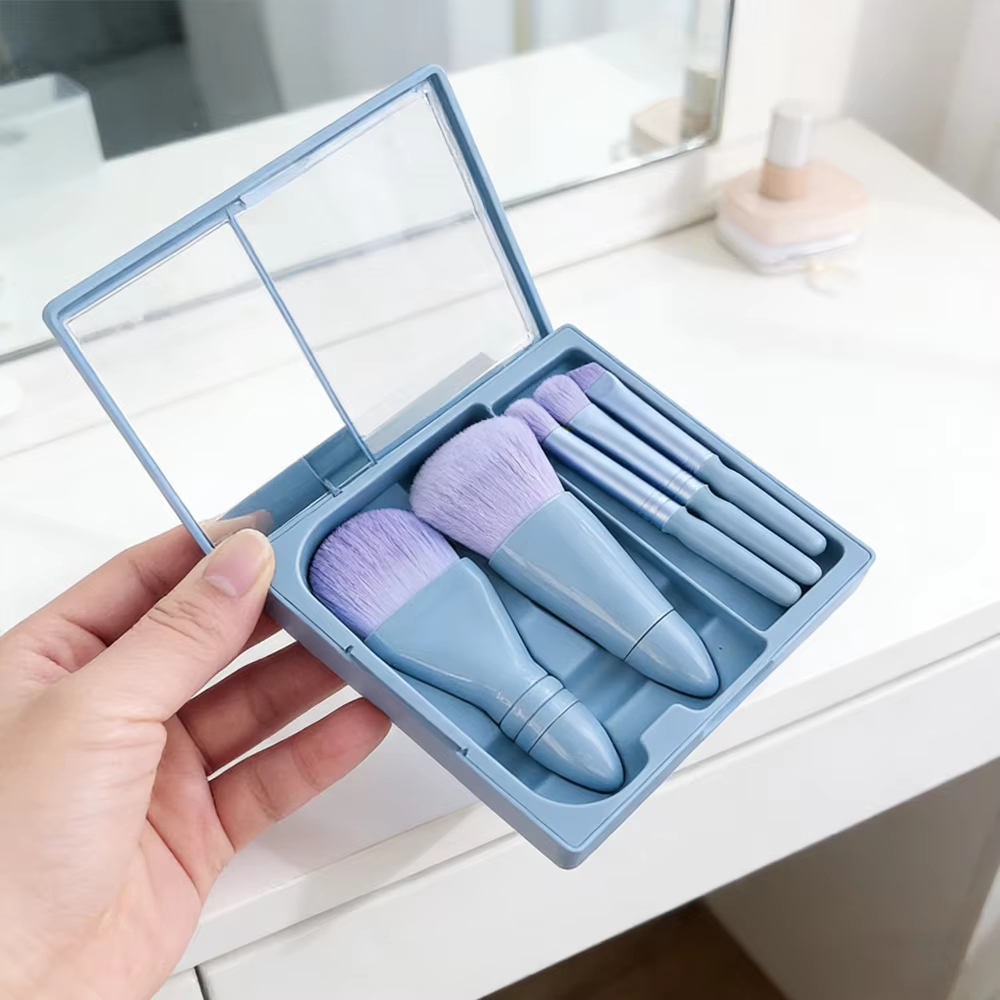 Hot Selling 5-in-1 Mini Makeup Brush Set with Mirror Travel Size Eyeshadow Powder Foundation Brush Beauty Tool