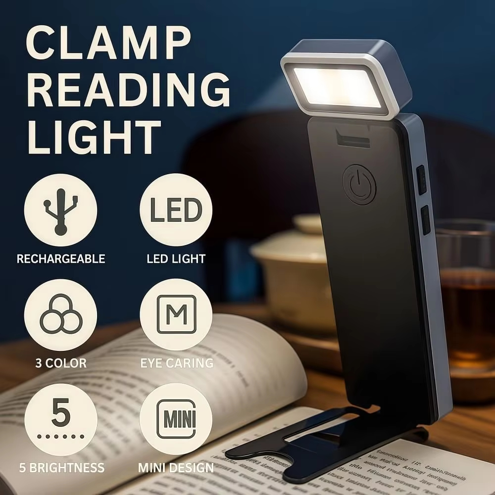 LED Clip-On Book Light Rechargeable 3 Colors Bookmark Lamp 5 Brightness Eye-Protection Mini Book Lamp Night Bed Reading