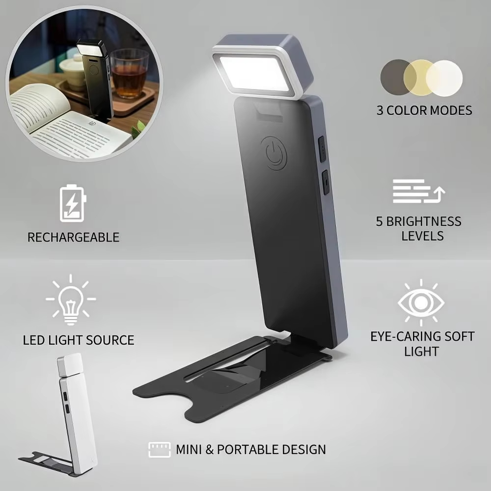 LED Clip-On Book Light Rechargeable 3 Colors Bookmark Lamp 5 Brightness Eye-Protection Mini Book Lamp Night Bed Reading