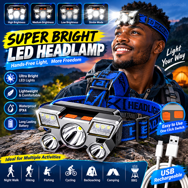 5 LED Strong Light Headlight USB Charging Waterproof Flashlight Multi-speed Adjustment Headlamp Suitable For Long Shot Outdoor Camping Hiking Fishing Hunting Mining Lamp Fishing Lanterns & Lights