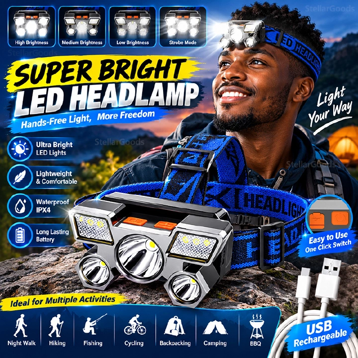 5 LED Strong Light Headlight USB Charging Waterproof Flashlight Multi-speed Adjustment Headlamp Suitable For Long Shot Outdoor Camping Hiking Fishing Hunting Mining Lamp Fishing Lanterns & Lights
