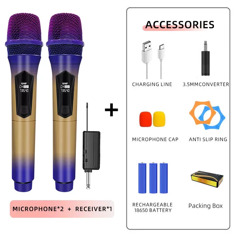 2 Channel UHF Wireless Microphone System Hand-held Dynamic Mic with 3 x 1200mAh Rechargeable Receiver for Karaoke PA DJ Party,Wireless Karaoke Microphone