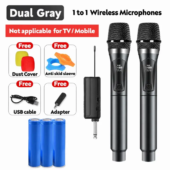 2 Channel UHF Wireless Microphone System Hand-held Dynamic Mic with 3 x 1200mAh Rechargeable Receiver for Karaoke PA DJ Party,Wireless Karaoke Microphone