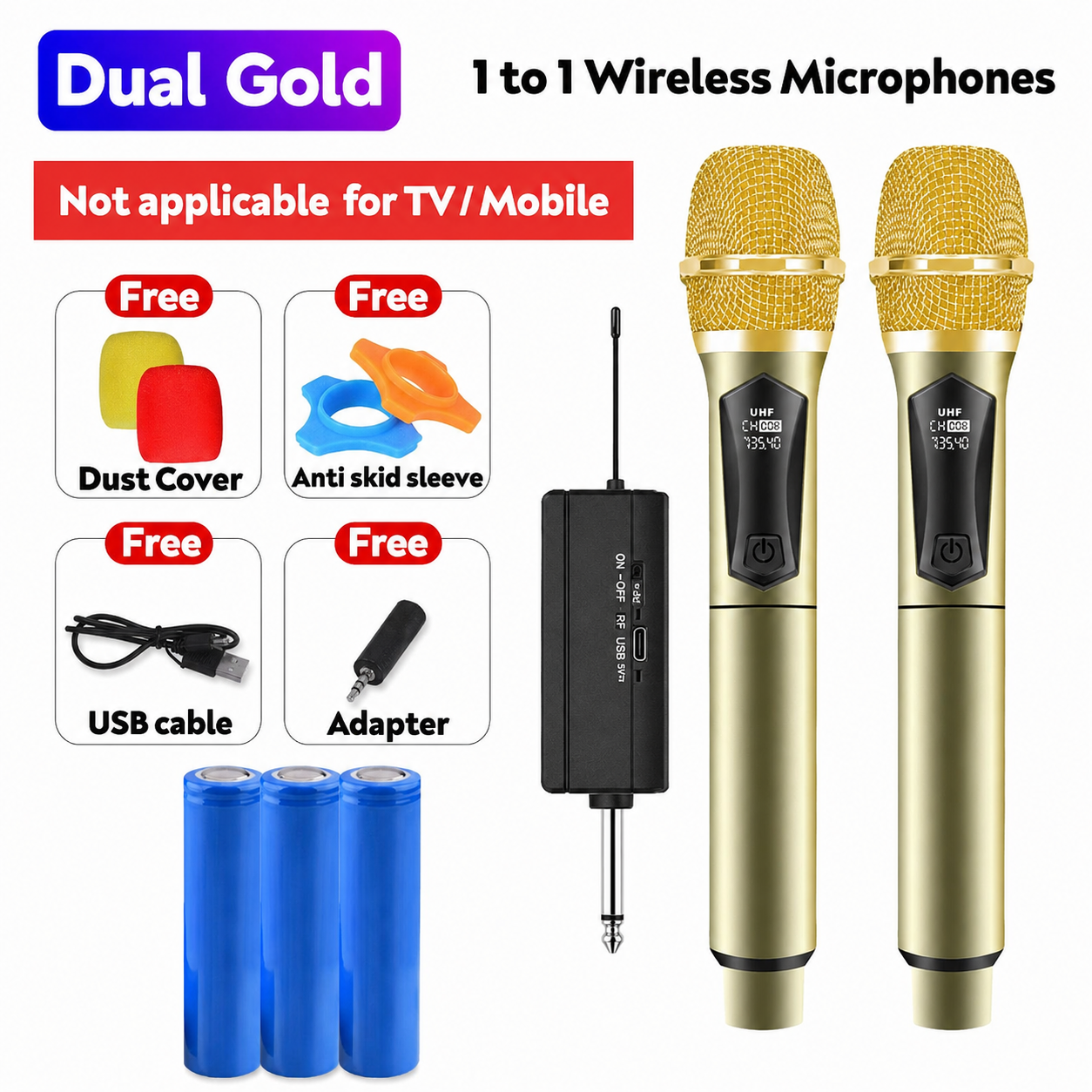 2 Channel UHF Wireless Microphone System Hand-held Dynamic Mic with 3 x 1200mAh Rechargeable Receiver for Karaoke PA DJ Party,Wireless Karaoke Microphone