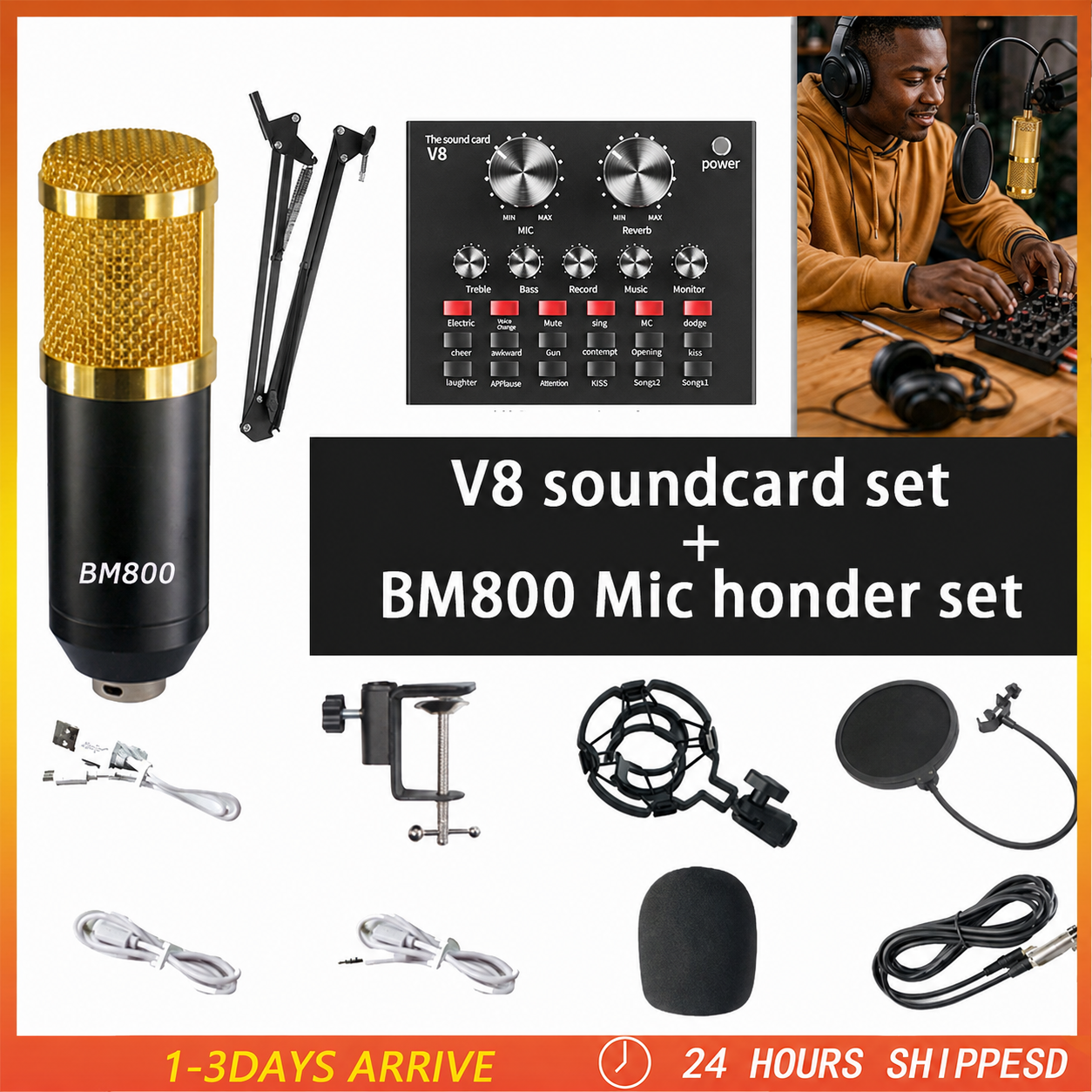 Podcast Equipment Bundle, Recording Studio Package with Podcast Microphone and Voice Changer, V8 Live Sound Card,Audio Interface for Laptop Computer Vlog Living Broadcast Live Streaming YouTube TikTok