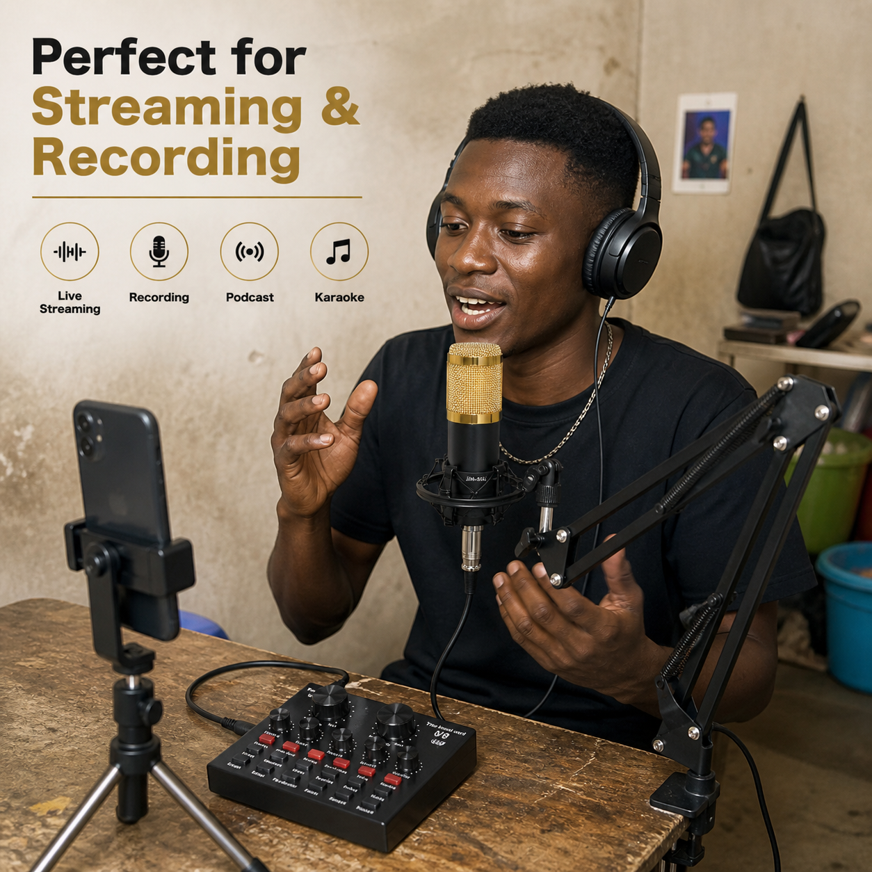 Live Broadcast Microphone Mic-Kit Comes With Reverb Adjustment Capacitor Microphone( No Sound Card) For Recording Live Gaming Video Noise Reduction Conference