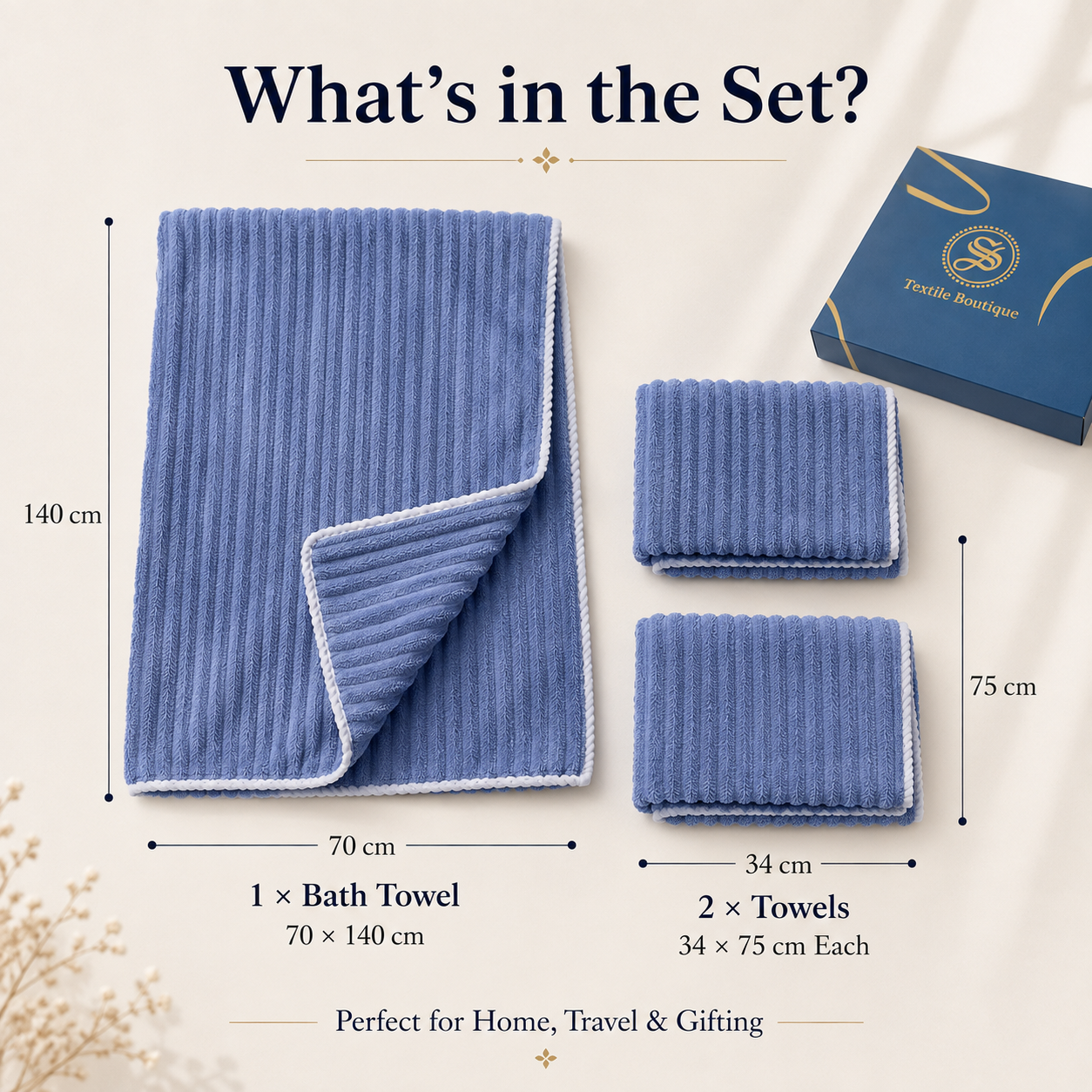 3-Piece Soft Towel Gift Set, 1 Bath Towel + 2 Hand Towels, Absorbent Coral Velvet Towels for Home, Travel & Gifting