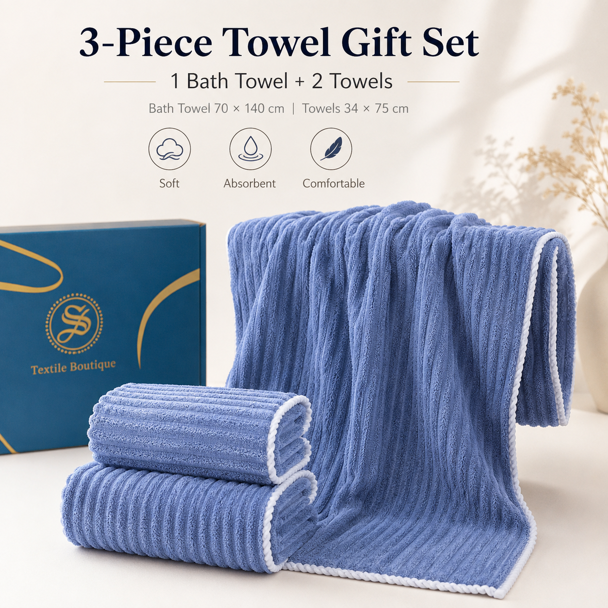 3-Piece Soft Towel Gift Set, 1 Bath Towel + 2 Hand Towels, Absorbent Coral Velvet Towels for Home, Travel & Gifting