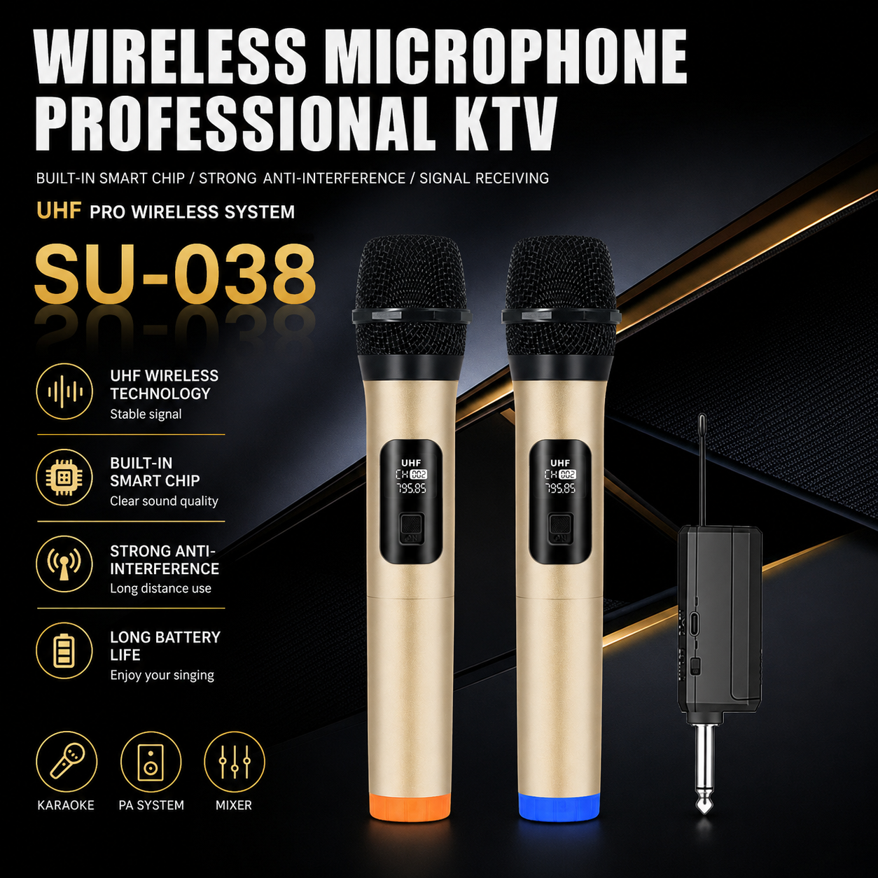 Wireless Microphone,Wireless Dual UHF Microphone,Dual Handheld Dynamic Wireless Mic for Karaoke Singing, Wedding, DJ, Party, Speech, Church, Class Use,PA System