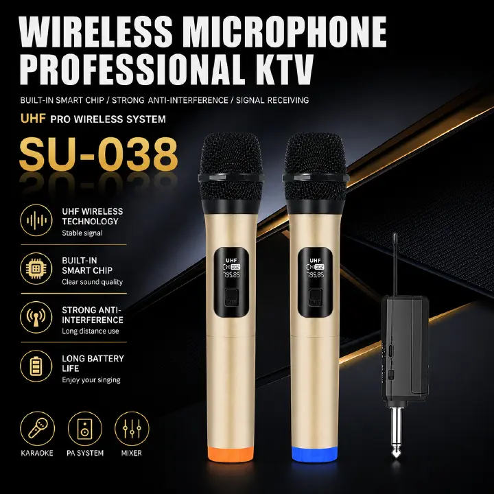 Wireless Microphone,Wireless Dual UHF Microphone,Dual Handheld Dynamic Wireless Mic for Karaoke Singing, Wedding, DJ, Party, Speech, Church, Class Use,PA System