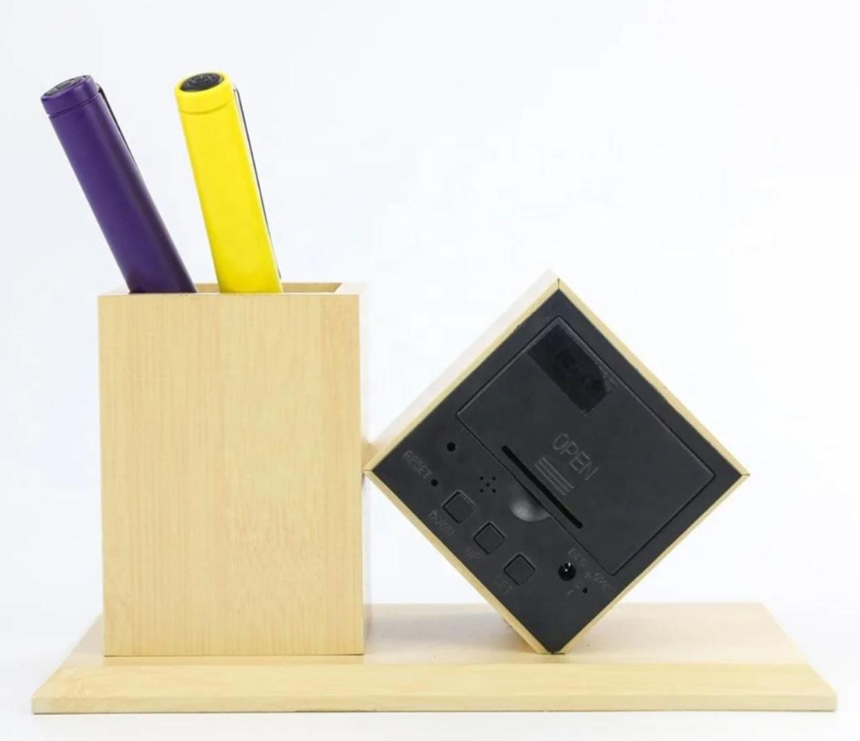 Bamboo Digital Clock Pen Holder Desk Organizer - Modern LED Wooden Time Display with Square Pencil Holder Dual Power
