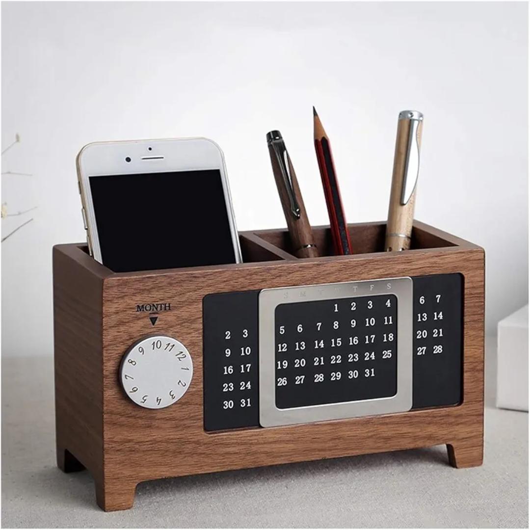 Wooden Desk Organizer with Manual Perpetual Calendar, 2-Compartment Office Storage Box and Pen Holder, Multifunctional Desktop Caddy for Smartphone, Remotes, and Stationery Accessories