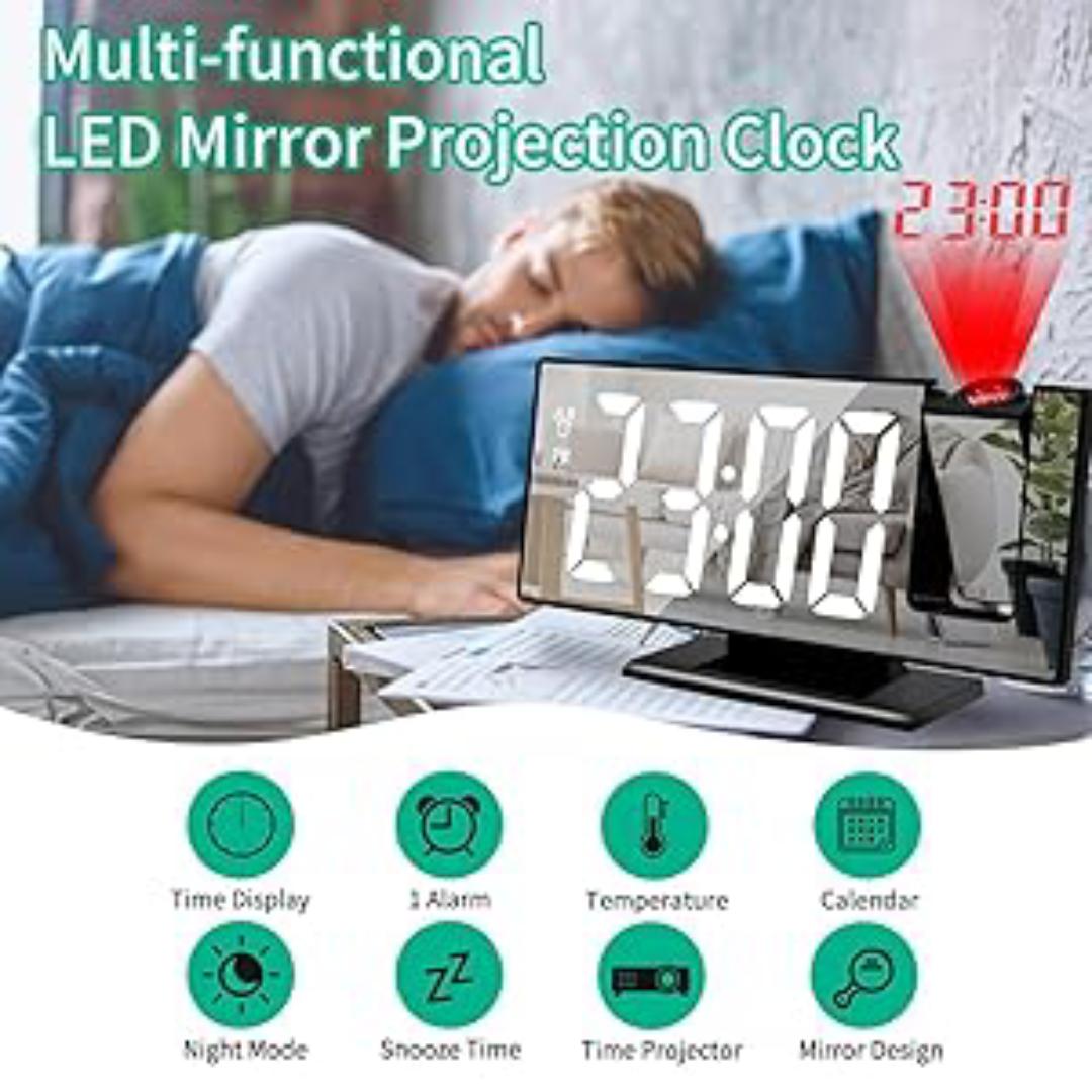 Projection Digital Alarm Clock - Multifunctional Projector Clock with 8-Inch LED Screen | Long Battery Life Temperature Monitor, off Makeup for Heavy Sleepers, Adults